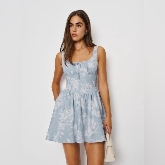 Reformation Dresses & Skirts - NEW Reformation Daria Linen Mini Dress Bow Angelic Sky Blue Floral | US 0 UK 4